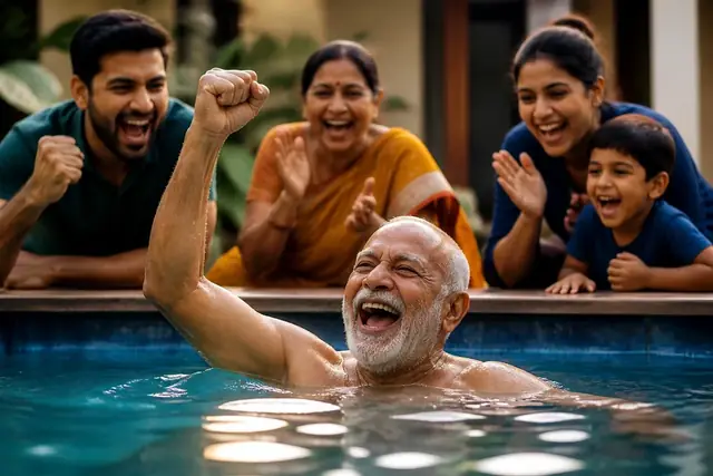 An old man celebrating in a swimming pool with his family cheering