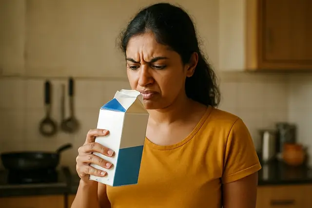 A woman doubtfully smelling a milk packet